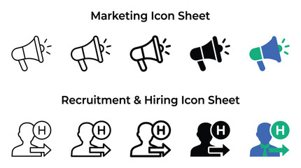 Fototapeta premium Marketing and recruitment vector icon collection featuring megaphone symbols and hiring person graphics with bold clean lines suitable for modern professional business web user interface design