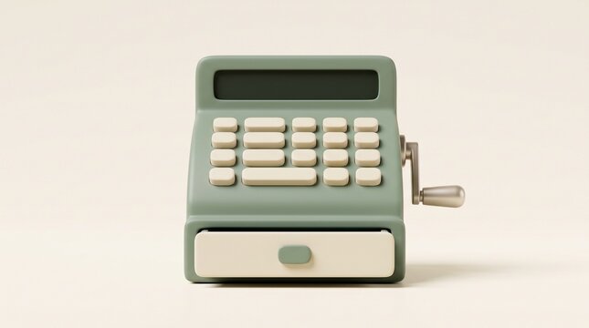 3D stylized vintage cash register in sage green and cream with manual crank and buttons for retail sales and business concepts.