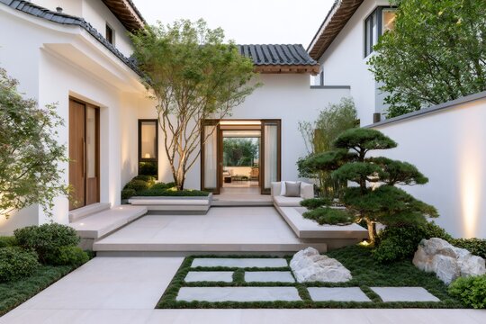 Modern Chinese courtyard with tranquil Zen garden and bonsai tree