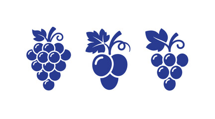 Obraz premium Collection of three blue grape vine cluster icons on white background with vineyard illustration agriculture botanical minimalist viticulture vitamins