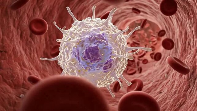 Microscopic view of immune cells attacking blood cells in bloodstream