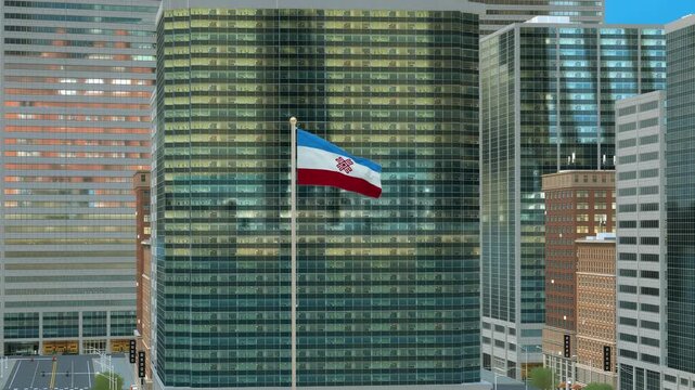 Mari El Flag 3D Render Animation on Pole with Modern Business District Buildings - Daytime View