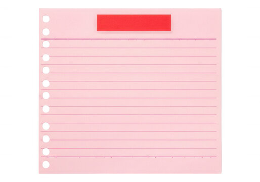 Pink lined notebook paper with red header tab isolated on transparent background for school study notes