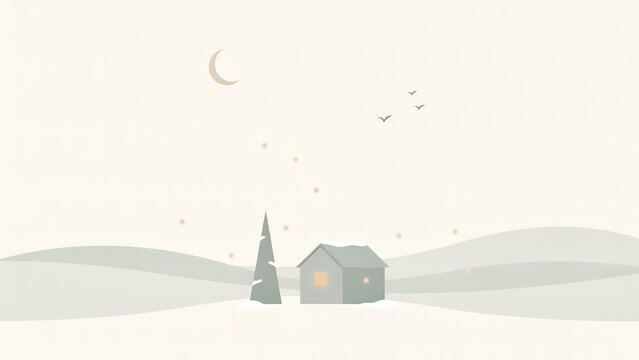 A minimalist winter landscape featuring a small house and a single pine tree on snowy hills under a crescent moon in a pale sky.