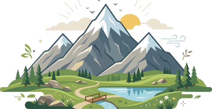 Minimalist geometric mountain range landscape vector illustration with snow peaks lake small wooden bridge and pine trees for outdoor travel design