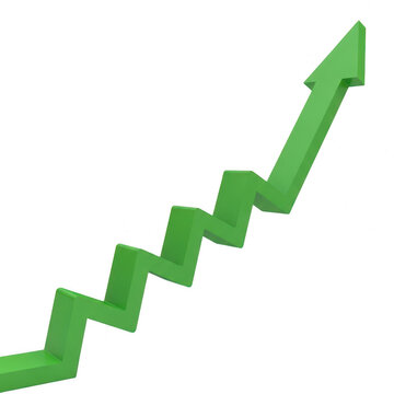 Green zig zag arrow pointing up for business growth isolated on transparent background