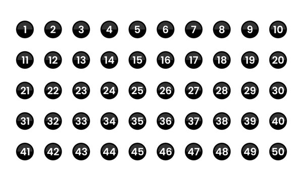 Editable Black Circle Number Icon Set 1 to 50 Download. Minimalist Bullet Number Icons Set 1-50 Vector Design. Flat Round Black Numbered Circle Vector Icon Set.
