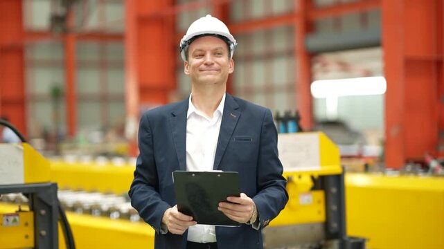 Factory manager standing with clipboard on production floor, smiling confidence, manufacturing leadership, industrial management, engineering supervision, factory operation, workplace professionalism.
