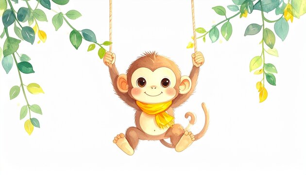 Cartoon monkey hanging from jungle vines playfully