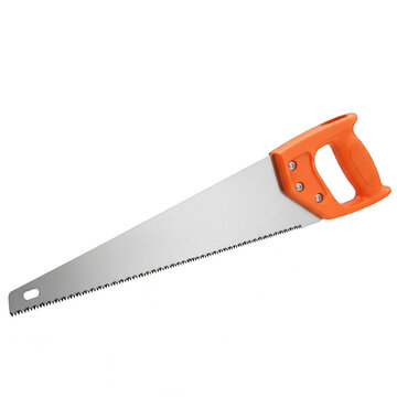 Hand saw with an orange handle for construction work isolated on transparent background
