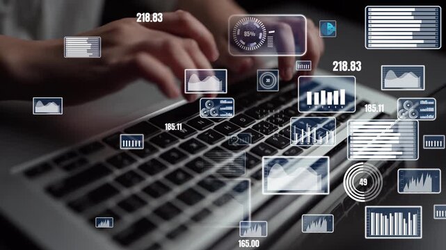 A person types on a laptop keyboard with numerous digital graphs and data visualizations surrounding them, showcasing the integration of technology in modern workspaces. Xenic