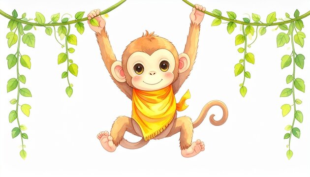 Cartoon monkey hanging from jungle vines playfully