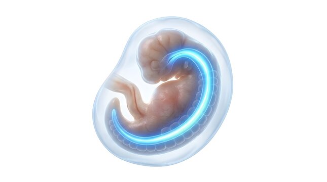 Human embryo development showing glowing neural tube structure