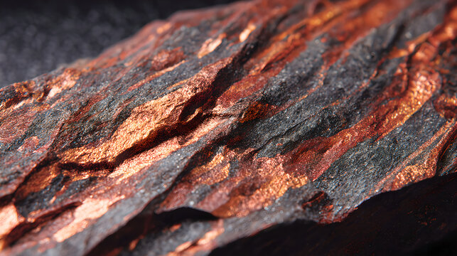 Close up of natural copper veins embedded in bedrock, rich copper metallic luster, realistic geological rock texture, emphasizing advanced energy storage materials and strategic mineral significance