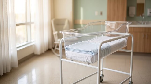 Empty plastic baby bassinet in hospital maternity ward room