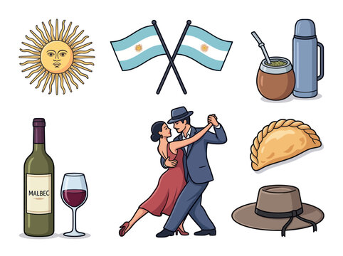 Argentinian tango dancers with Malbec wine and empanada icons