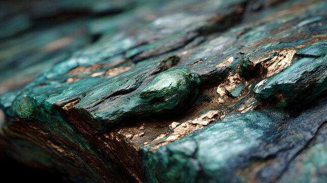 Close up of natural copper veins embedded in bedrock, rich copper metallic luster, realistic geological rock texture, emphasizing advanced energy storage materials and strategic mineral significance