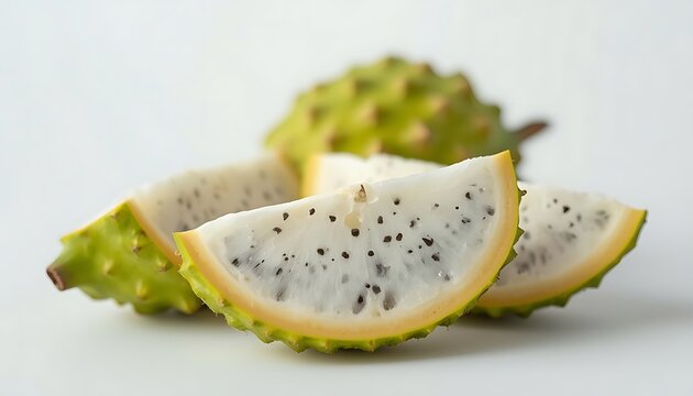 Fresh sliced noni fruit on white background. Tropical morinda citrifolia pieces for health.