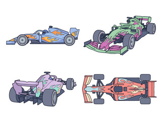 Obraz premium Formula 1 race cars with flame graphics in various views and vibrant colors