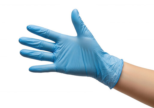 Single hand wearing a blue nitrile medical glove isolated on transparent background for healthcare and safety