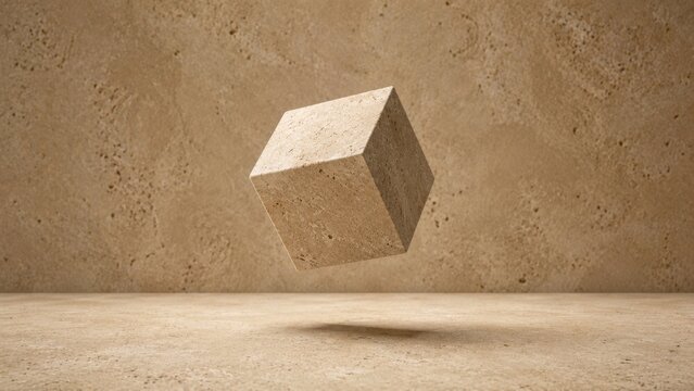 Falling concrete cube block on textured wall background. 3D minimalist geometric shape in motion for modern design projects