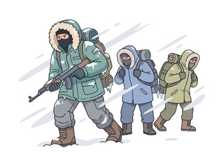 Three arctic explorers in winter parkas with backpacks and snow gear trek through blizzard © anitadwi