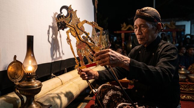 Senior Javanese puppeteer performing traditional Wayang Kulit shadow play with an oil lamp for Indonesian cultural heritage storytelling.