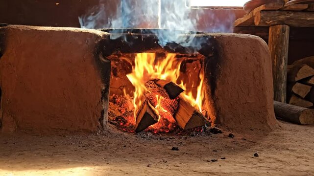 Rustic earth oven burning wood logs with flames and smoke in a cozy indoor setting