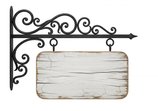 Rustic white weathered wooden sign hanging from an elegant black wrought iron bracket isolated on transparent