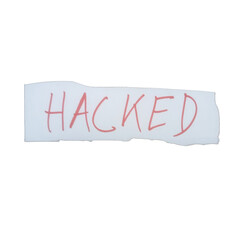 Fototapeta premium The word hacked written in red ink on a torn piece of white paper isolated on transparent background