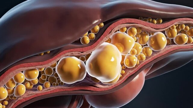 Anatomical 3D illustration of a fatty liver depicting lipid deposits, a medical visualization on a dark background