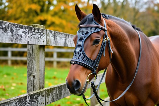 Brown horse wearing fly mask and bridle stands near wooden fence in autumn pasture. Peaceful equine animal with serene expression, soft warm light. Horseback riding, nature scenery.