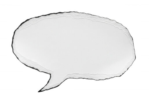 Hand torn speech bubble made of white paper with black edges isolated on transparent background for design