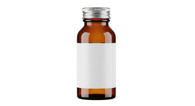 Small brown glass medicine bottle with a blank white label isolated on transparent background
