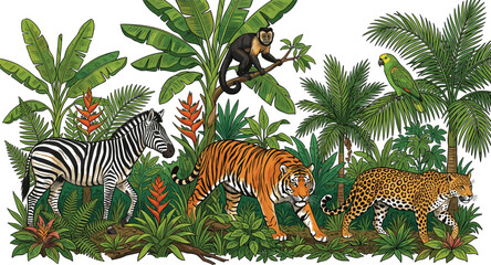 Jungle wildlife panoramic scenery with hand drawn tiger jaguar zebra monkey parrot and tropical rainforest trees vector © MOSTAFRINA