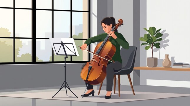 Professional female musician playing cello in a bright minimalist room with a music stand, perfect for arts and hobby concepts.