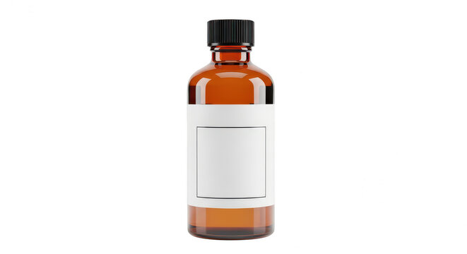 Small amber glass medicine bottle with blank white label isolated on transparent background