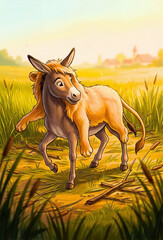 Donkey dressed in lion skin standing in sunny meadow illustration with disguise masquerade deception © SM Biplob