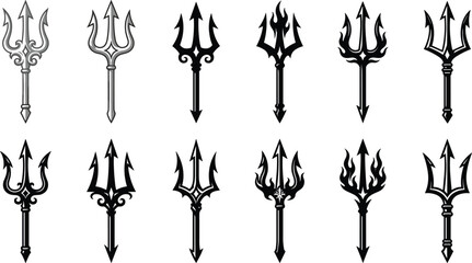 Poseidon trident neptune fork pitchfork vector icon set for sea mythological devil tattoo royal aquatic emblem graphics, © MOSTAFRINA