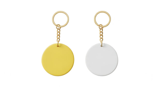 Two round blank keychains with gold metal rings isolated on transparent background