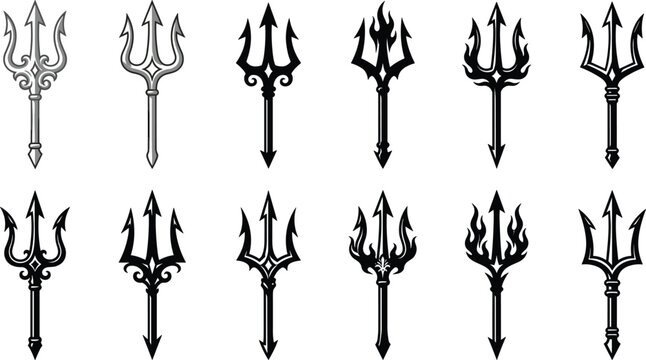 Poseidon trident neptune fork pitchfork vector icon set for sea mythological devil tattoo royal aquatic emblem graphics,