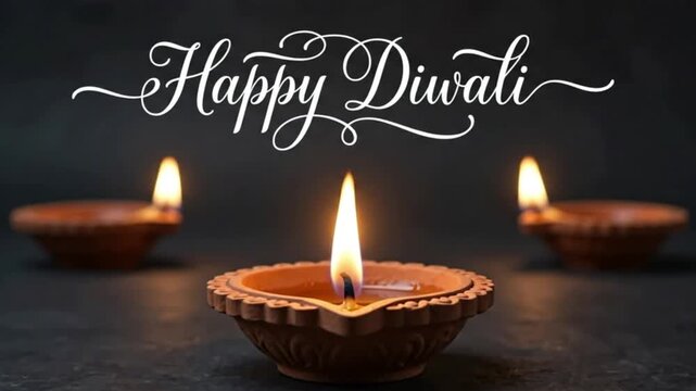Traditional clay diya oil lamps with glowing flames on a dark rustic background with happy diwali text