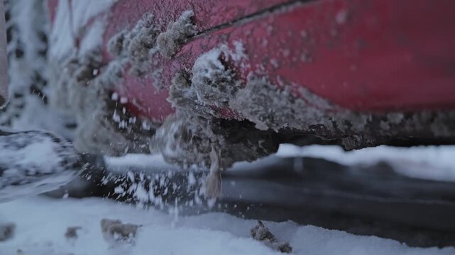 Slow motion close up of boot knocking frozen snow from vehicle door threshold