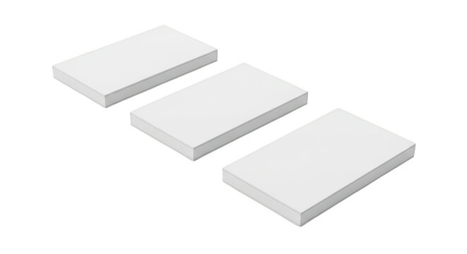Three blank white rectangular paper cards on flat surface isolated on transparent background