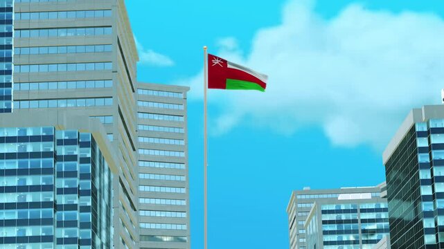 Oman Flag 3D Render Animation with Urban Architecture and Clear Blue Sky