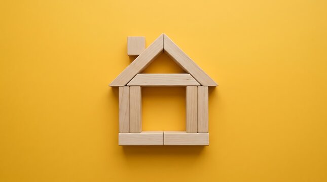 Wooden building blocks arranged to form a house shape on a bright yellow background