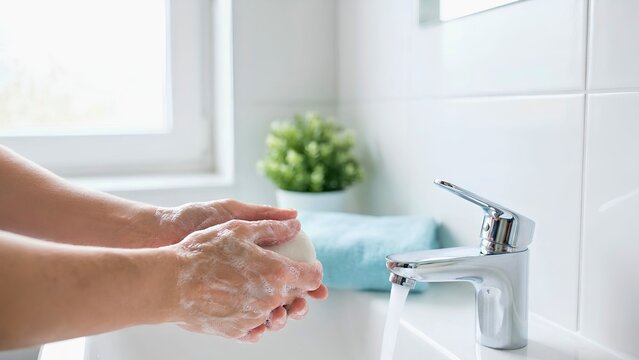 Person washing hands with soap and water for hygiene and infection prevention in a bathroom setting