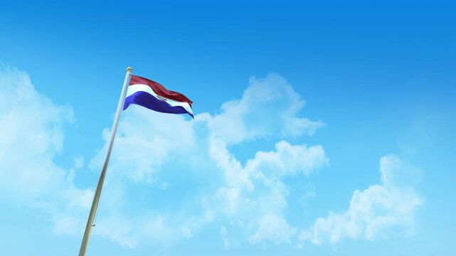 Paraguay Flag 3D Render Animation on Pole with Blue Sky and Clouds - Low Angle View