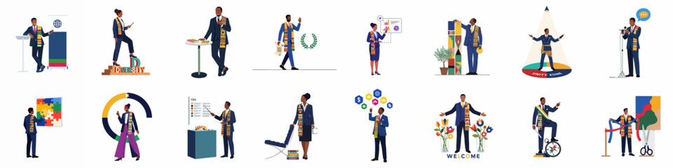 African American Professionals in Business Leadership and Diversity Themes Illustration Set