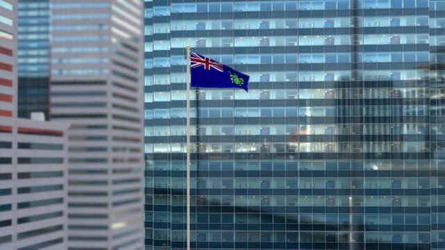 Pitcairn Islands Flag 3D Render Animation Waving Against Glass Office Building - Daylight Scene